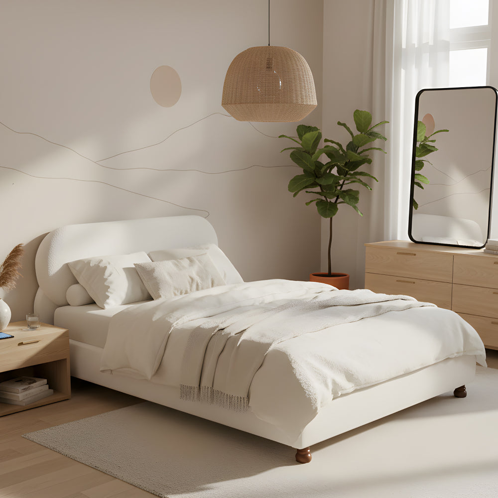 Queen/King Size Cream Boucle Upholstered Platform Bed | Smooth Curved Design | Gourd-Shaped Rubberwood Legs | 800 lbs Heavy Duty | No Box Spring Needed | 30-40 Min Assembly | White/Cream