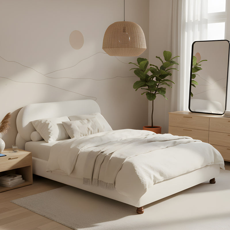 Queen/King Size Cream Boucle Upholstered Platform Bed | Smooth Curved Design | Gourd-Shaped Rubberwood Legs | 800 lbs Heavy Duty | No Box Spring Needed | 30-40 Min Assembly | White/Cream