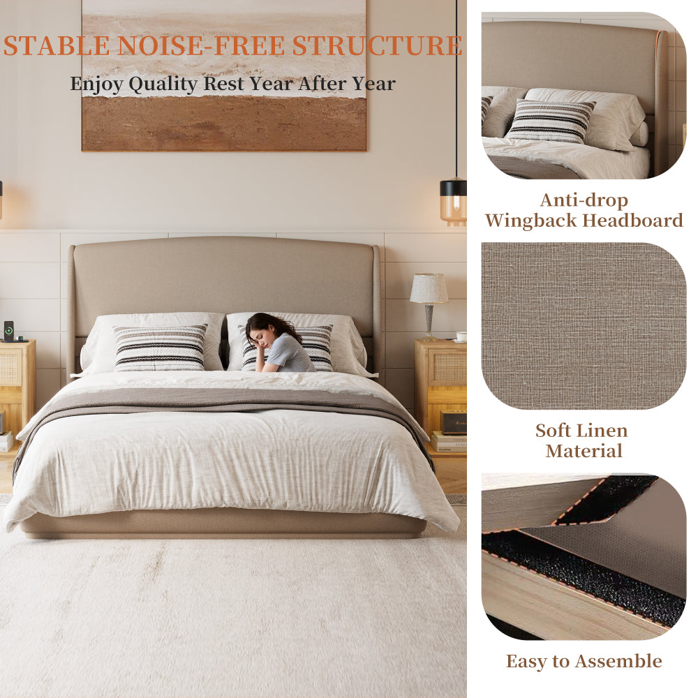 Queen Size Linen Upholstered Platform Bed | Curved Wingback Headboard | Fully Upholstered Frame | Solid Wood & Reinforced Slats | No Box Spring Needed | Easy Assembly | Beige / Brown