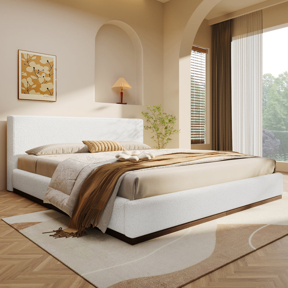 Queen/King Size White Boucle Upholstered Platform Bed | Wood Grain Textured Brown Solid Wood Base | 11 Slats + 4 Legs | 800 lbs | No Box Spring Needed | 2-Person Easy Assembly | White