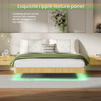 Oak King Floating Bed Frame with LED Lights, Wave Curve Wood Texture Bed with Heavy Duty Metal Slats - No Box Spring Needed.
