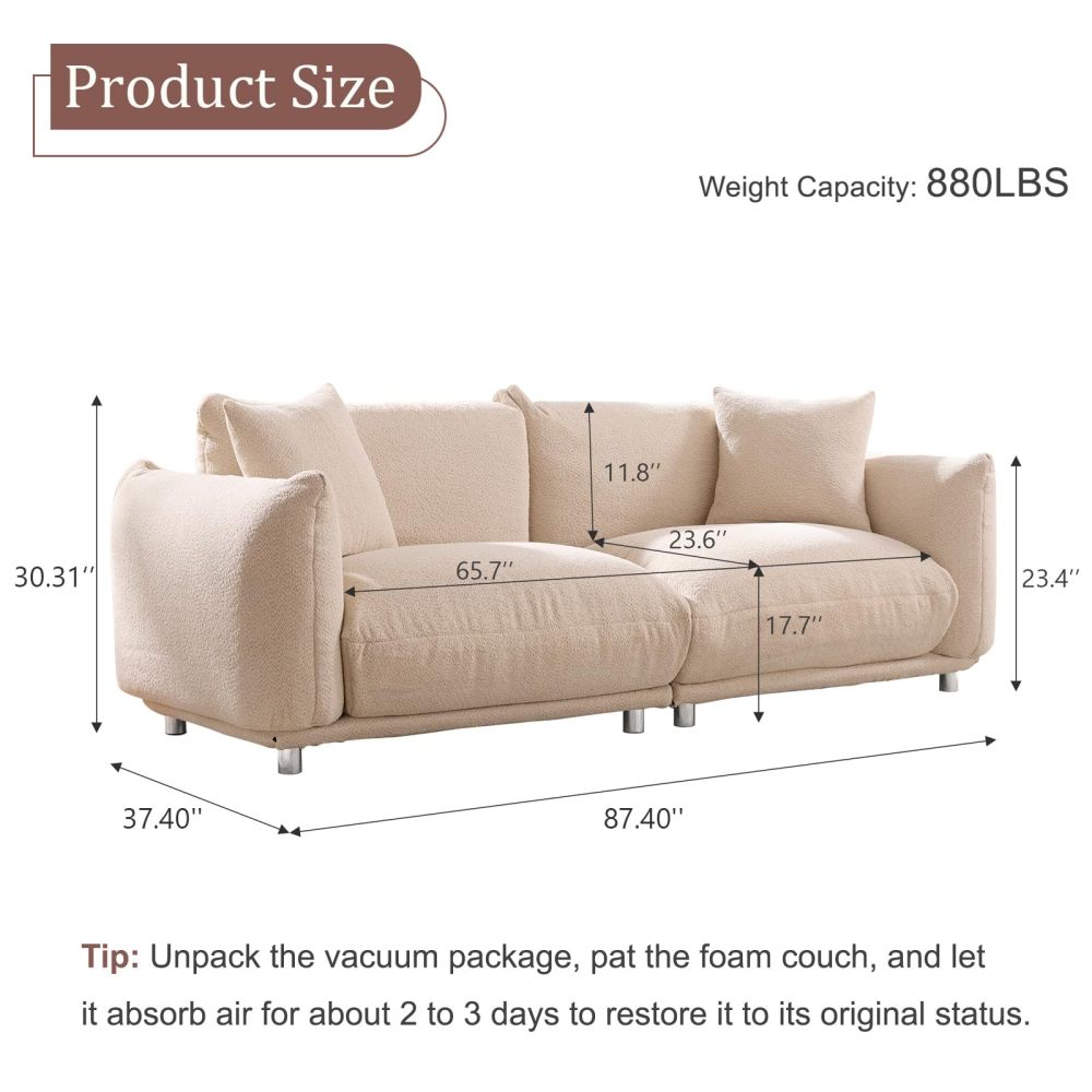87.4" Sherpa Cloud 3-Seater Loveseat Sofa | Precision-Tailored Stitching | High-Density Foam Fill | Solid Hardwood Frame with Reinforced Joints | Stain-Resistant Velvet | 2 Pillows Included | White / Beige