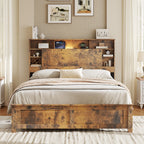 Full/Queen/King Size Wood Platform Bed | Bookcase Storage Headboard with LED Lights & Charging Station USB + Outlets | Black Metal Legs | No Box Spring Needed | Antique Dark Brown