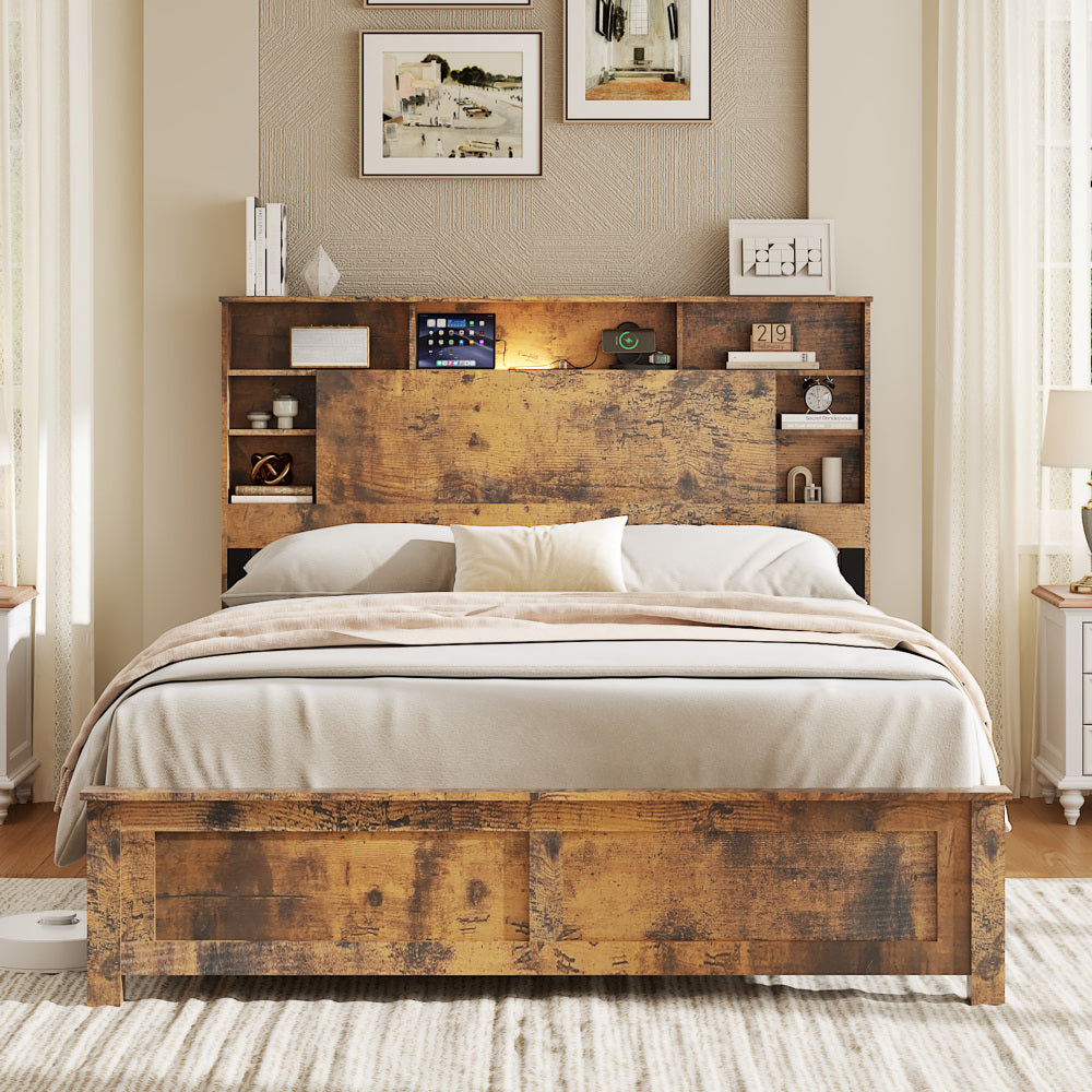 Full/Queen/King Size Wood Platform Bed | Bookcase Storage Headboard with LED Lights & Charging Station USB + Outlets | Black Metal Legs | No Box Spring Needed | Antique Dark Brown