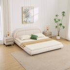 King Size Low Profile Platform Bed | Curved Rounded Velvet Headboard | 550 lbs | Solid Wood & Metal Frame | 13 Slats | No Box Spring | Beige/Green