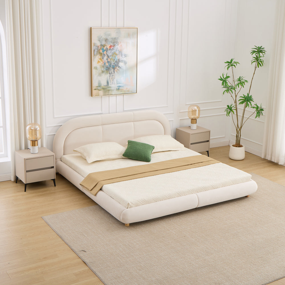 King Size Low Profile Platform Bed | Curved Rounded Velvet Headboard | 550 lbs | Solid Wood & Metal Frame | 13 Slats | No Box Spring | Beige/Green