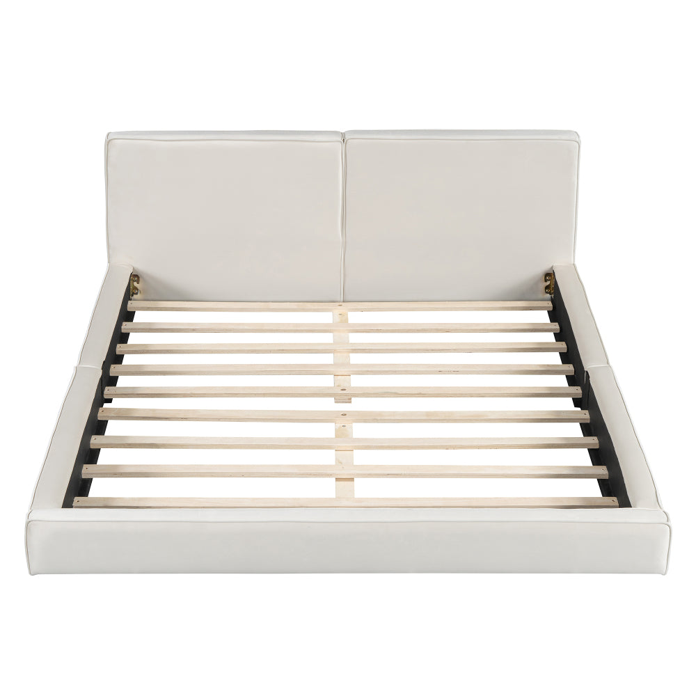 Queen Size Velvet Upholstered Platform Bed | Fully Wrapped Low Profile Frame | Solid MDF & Particle Board | No Box Spring Needed | Easy Assembly | Gray / Beige