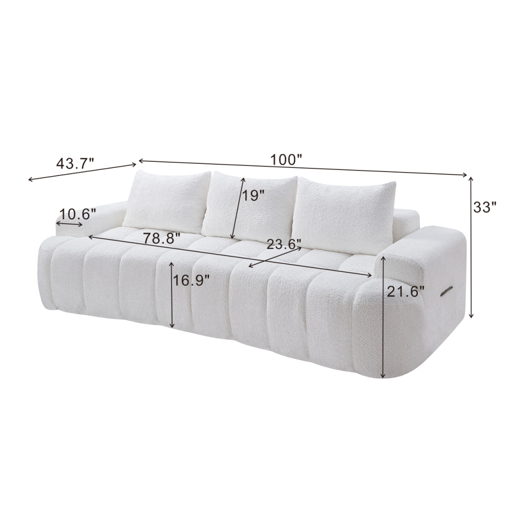 100" Extra Large Curved Front Sofa | 3-Seat Cloud-Like Boucle Sectional Couch | Vertical Channel Tufted | High-Resilience Compressed Foam | No Assembly | Easy to Move & Ship | Living Room, Apartment, Condo | White/Camel