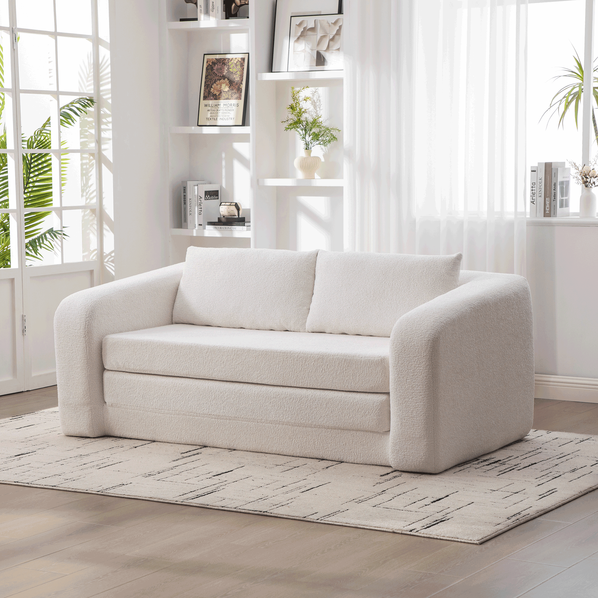 71" 2-in-1 Pull Out Foldable Loveseat Sofa Bed | Chenille Boneless Cloud Floor Mattress | Round-Edge Armrests + 2 Matching Pillows | High-Density Foam | Waterproof Anti-Slip Base | No Assembly Required | Living Room, Bedroom, Dorm | Ivory/Gray/Orange