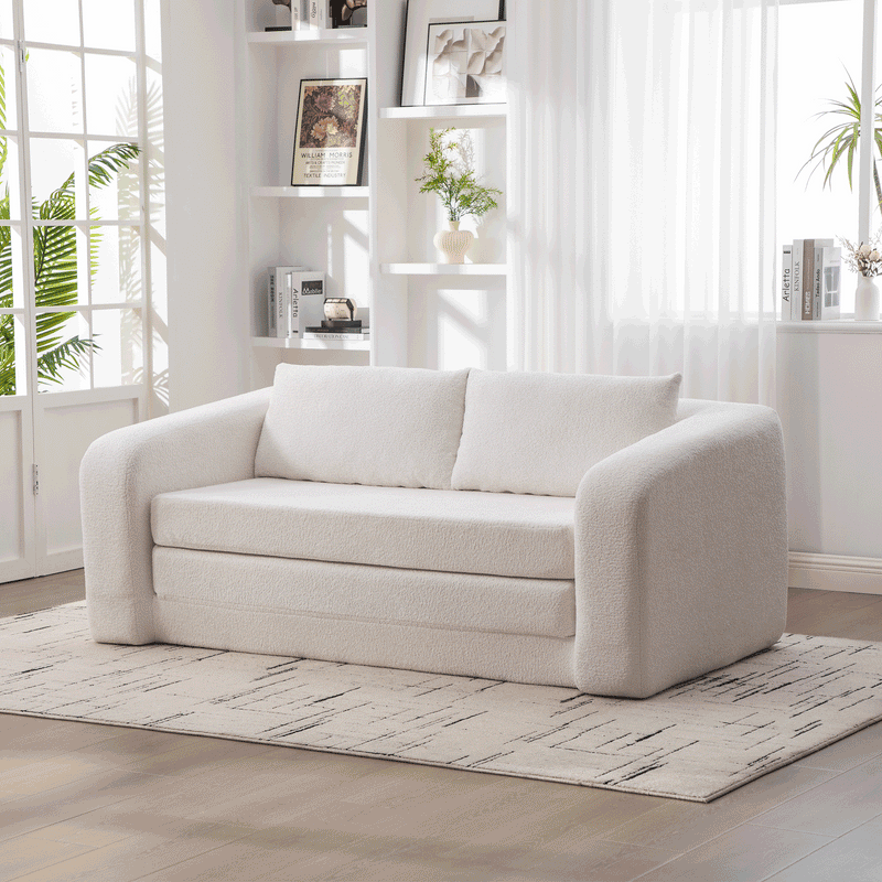 71" 2-in-1 Pull Out Foldable Loveseat Sofa Bed | Chenille Boneless Cloud Floor Mattress | Round-Edge Armrests + 2 Matching Pillows | High-Density Foam | Waterproof Anti-Slip Base | No Assembly Required | Living Room, Bedroom, Dorm | Ivory/Gray/Orange