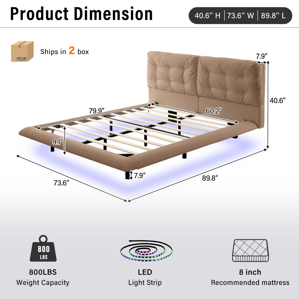 Queen Size PU Leather Floating Platform Bed | Button Tufted Segmented Headboard | Remote-Controlled LED Light Strip 6 Colors | 800 lbs | Hidden Leg Design | No Box Spring Needed | Pink / White / Khaki