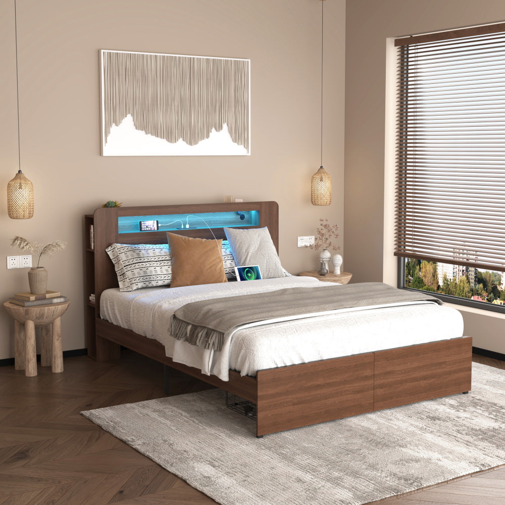 Full/Queen Size Wood Platform Bed with Bookshelf Storage Headboard | 2 Drawers | 2 AC Outlets 1 USB 1 Type-C Charging Station | 60,001 Color LED Lights APP Control | No Box Spring | Brown/Black/Walnut