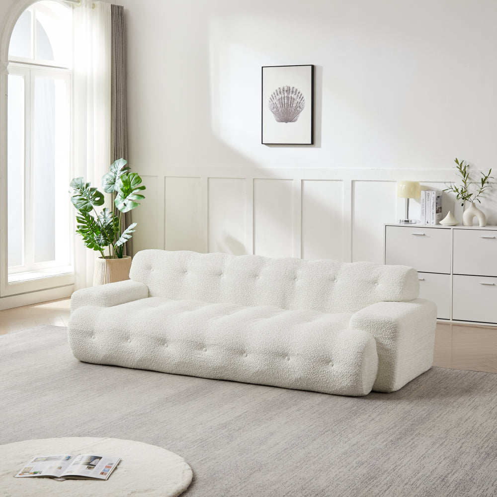 87.4" Cloud Series 3-Seat Minimalist Button-Tufted Sofa | Square Arm Chenille Upholstered Couch | High-Density Foam + Padded Backrest | No Assembly Required | Living Room, Apartment | White/Green/Black