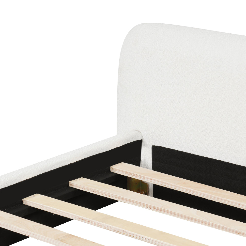 White Boucle Upholstered Low Profile Platform Bed | Birch & Engineered Hardwood Frame | 400-600 lbs | No Box Spring Needed | Full / Queen / King