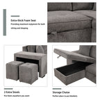 104.5" Modern L-Shape 3 Seat Reversible Sectional Couch, Pull Out Sleeper Sofa with Storage Chaise and 2 Stools for Living Room Furniture Set,Knox Charcoal (old sku:SG000431AAA)
