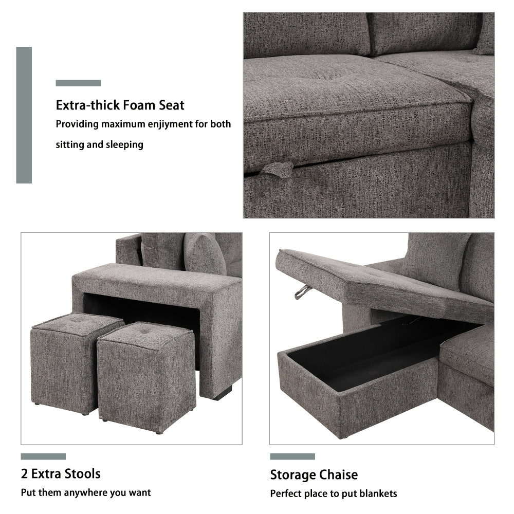 104.5" Modern L-Shape 3 Seat Reversible Sectional Couch, Pull Out Sleeper Sofa with Storage Chaise and 2 Stools for Living Room Furniture Set,Knox Charcoal (old sku:SG000431AAA)