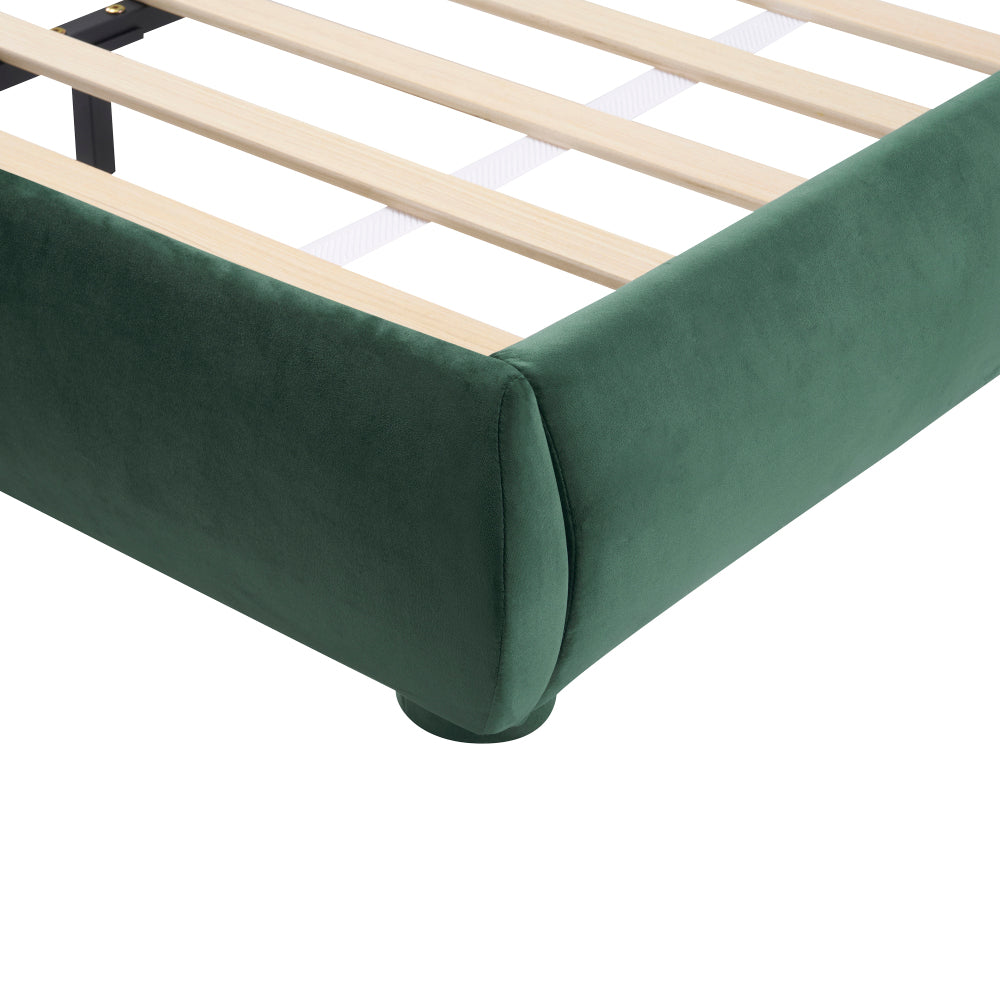 Queen/King Size Boucle Upholstered Platform Bed | Curved Ergonomic Headboard | Granular Fabric Texture | 800 lbs Heavy Duty | No Box Spring Needed | 40-Min Assembly | Cream / Green