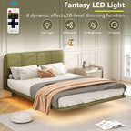 Full Size Floating PU Leather Platform Bed | Remote-Controlled LED Underglow 8 Dynamic Effects | Hidden Foot Design | Strong Wood Beam & Metal Legs | No Box Spring Needed | Easy Assembly | Green / Coffee
