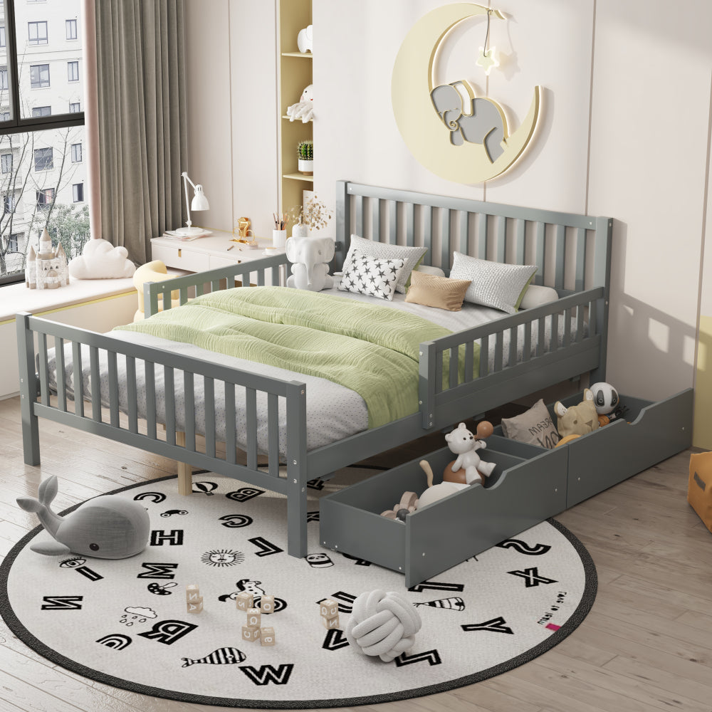 Wood Platform Bed with Guardrails on Both Sides