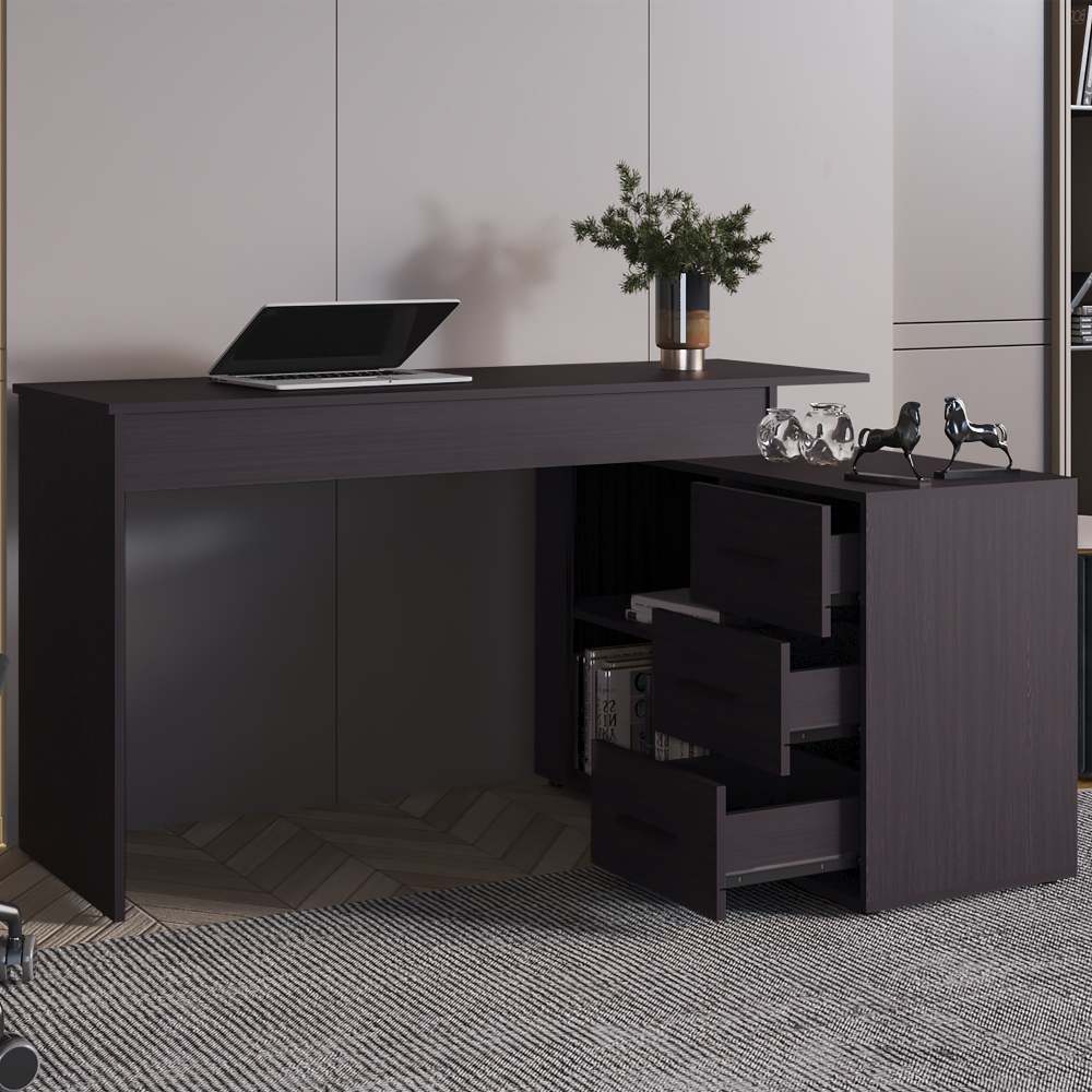 Wenge L-Shaped Desk with 3 Drawers and Storage Space — 54.1" W x 39.9" D x 29.5" H | Modern Computer Desk | Pedestal Base | Spacious Work Surface | Under-Desk Storage | Particle Board | Office, Home Office & Study Room | Wenge