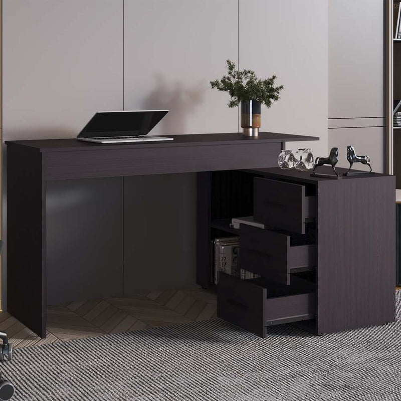 Wenge L-Shaped Desk with 3 Drawers and Storage Space — 54.1" W x 39.9" D x 29.5" H | Modern Computer Desk | Pedestal Base | Spacious Work Surface | Under-Desk Storage | Particle Board | Office, Home Office & Study Room | Wenge