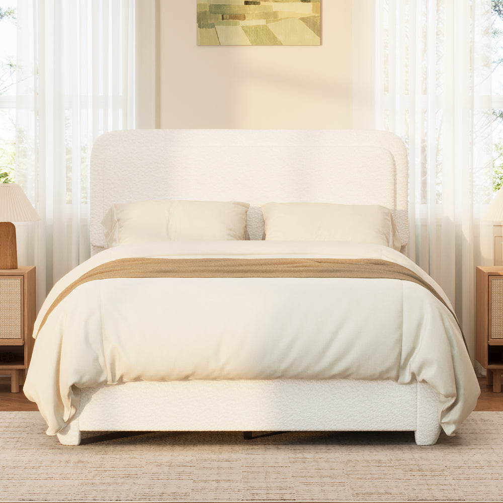 Full/Queen Size Boucle Platform Bed | Adjustable Curved Cloud Headboard 41"-43" | Foam Filled | Rounded Corner Protection | Low Profile | No Box Spring Needed | White