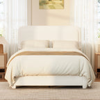 Full/Queen Size Boucle Platform Bed | Adjustable Curved Cloud Headboard 41"-43" | Foam Filled | Rounded Corner Protection | Low Profile | No Box Spring Needed | White