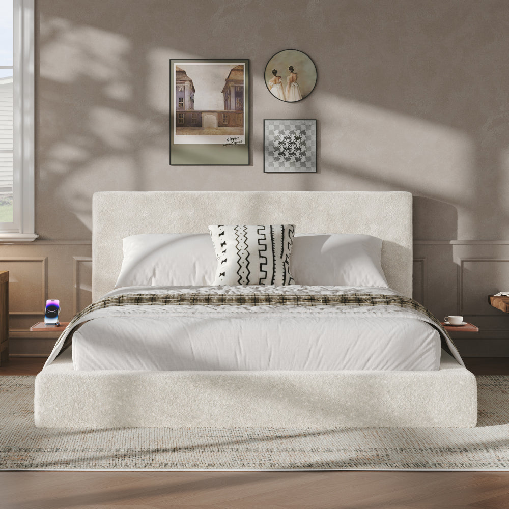 Queen/King Size Cloud Upholstered Platform Bed | Adjustable Sliding Side Shelves | Sherpa Chenille Fabric | CertiPUR-US & OEKO-TEX Certified Foam | Anti-Collision Low Profile | No Box Spring Needed | Off White