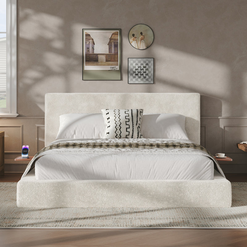 Queen/King Size Cloud Upholstered Platform Bed | Adjustable Sliding Side Shelves | Sherpa Chenille Fabric | CertiPUR-US & OEKO-TEX Certified Foam | Anti-Collision Low Profile | No Box Spring Needed | Off White