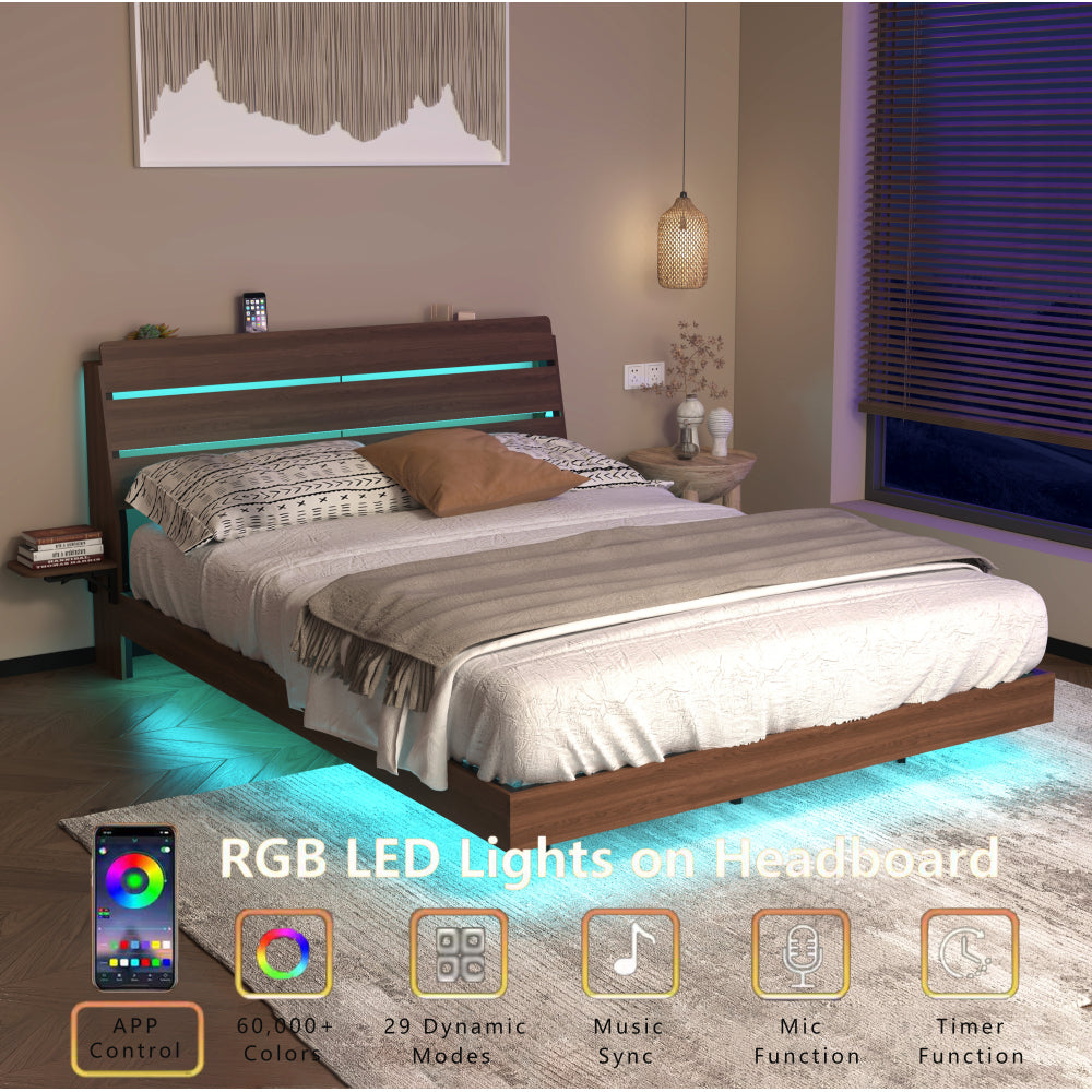 Full/Queen Size Wood Platform Bed with Bookshelf Storage Headboard | 2 Drawers | 2 AC Outlets 1 USB 1 Type-C Charging Station | 60,001 Color LED Lights APP Control | No Box Spring | Brown/Black/Walnut