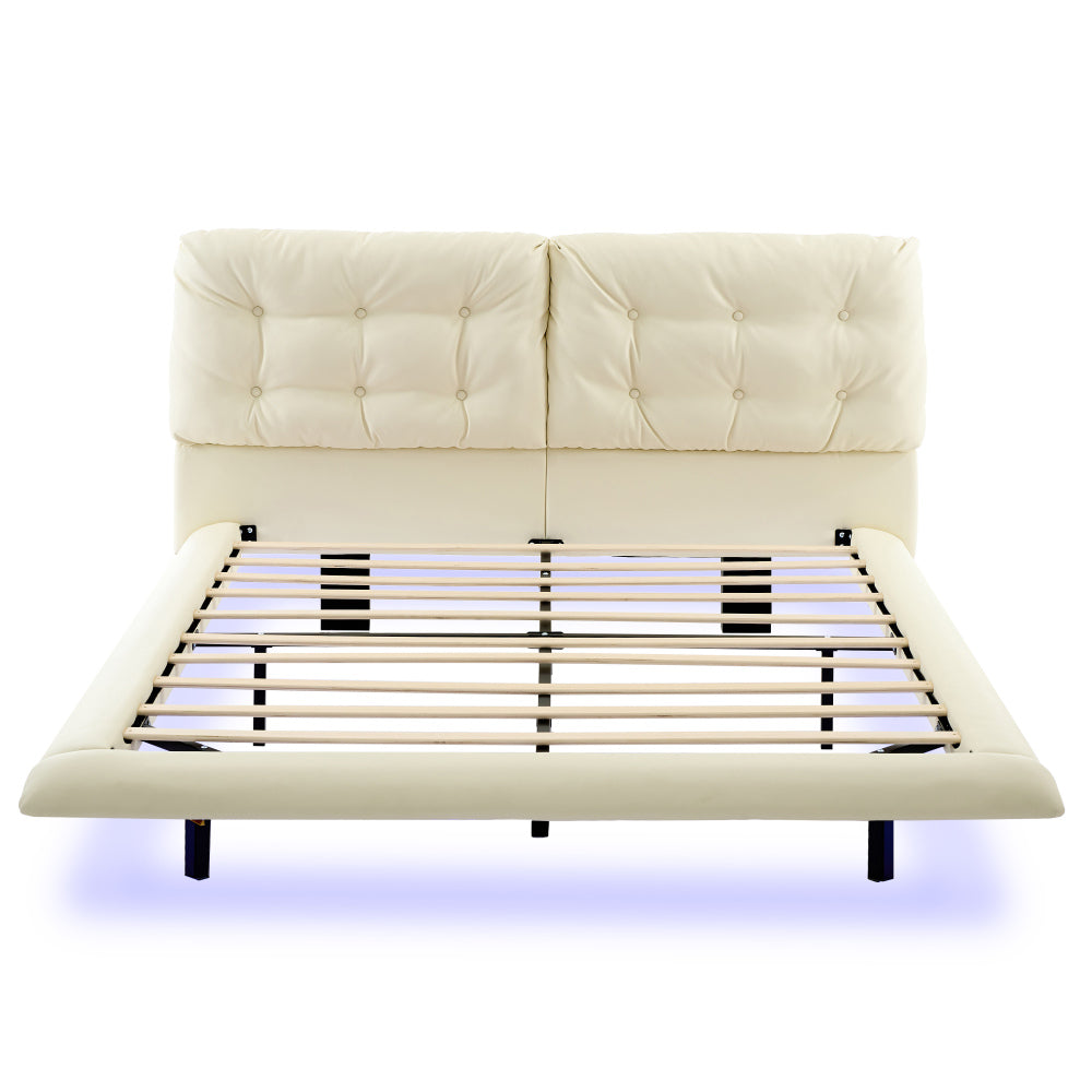Queen Size PU Leather Floating Platform Bed | Button Tufted Segmented Headboard | Remote-Controlled LED Light Strip 6 Colors | 800 lbs | Hidden Leg Design | No Box Spring Needed | Pink / White / Khaki