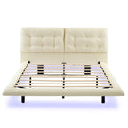 Queen Size PU Leather Floating Platform Bed | Button Tufted Segmented Headboard | Remote-Controlled LED Light Strip 6 Colors | 800 lbs | Hidden Leg Design | No Box Spring Needed | Pink / White / Khaki