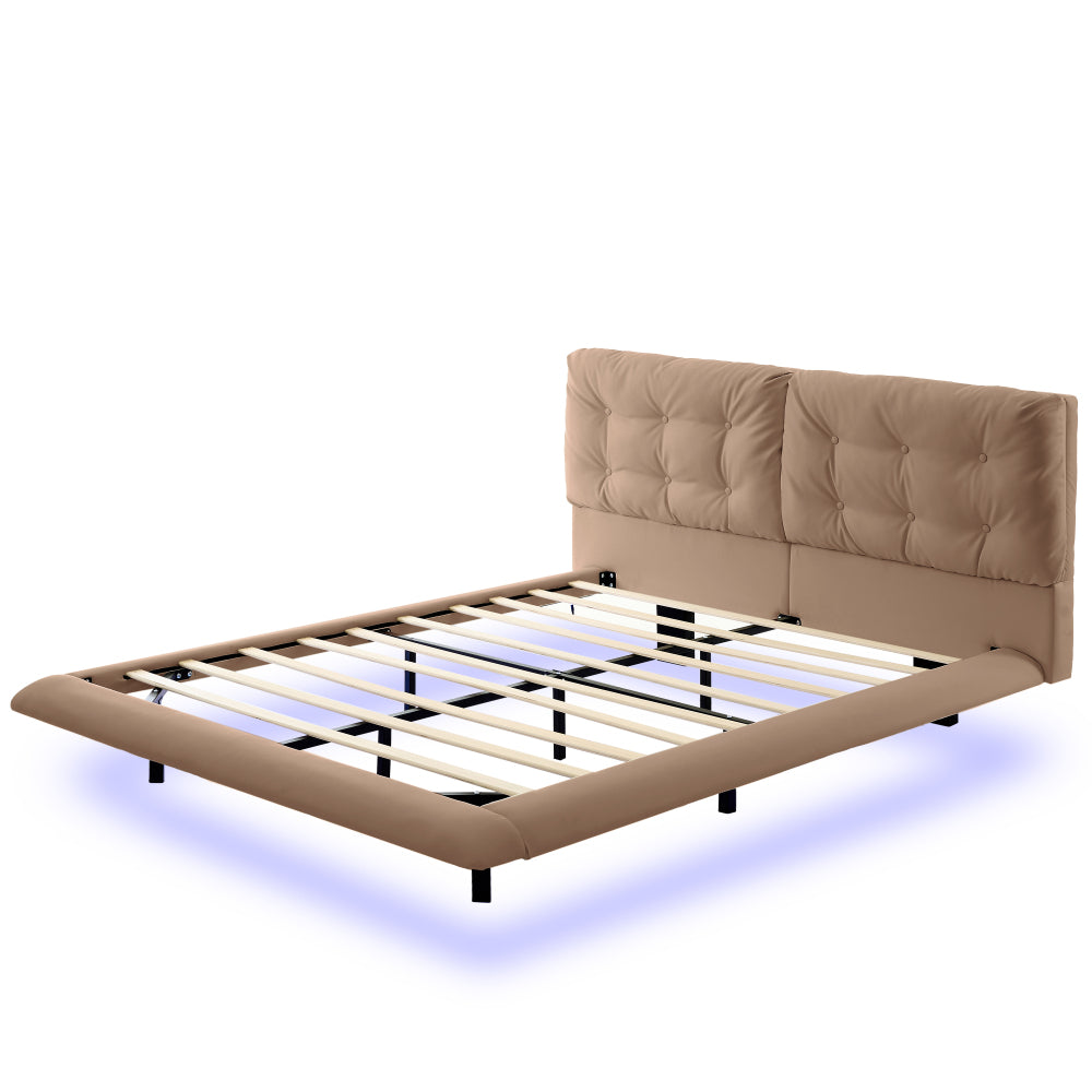 Queen Size PU Leather Floating Platform Bed | Button Tufted Segmented Headboard | Remote-Controlled LED Light Strip 6 Colors | 800 lbs | Hidden Leg Design | No Box Spring Needed | Pink / White / Khaki