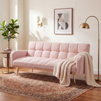69" Soft Teddy Fleece Convertible Sofa Bed | 3-Speed Adjustable Backrest | Wide Detachable Armrests | Solid Wood + Metal Frame | Multifunctional Couch for Living Room, Bedroom, Small Space | Pink/Beige/Gray/Green