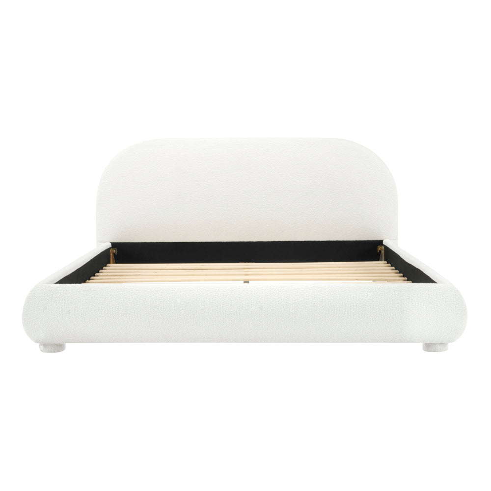 Queen/King Size Boucle Upholstered Platform Bed | Curved Ergonomic Headboard | Granular Fabric Texture | 800 lbs Heavy Duty | No Box Spring Needed | 40-Min Assembly | Cream / Green