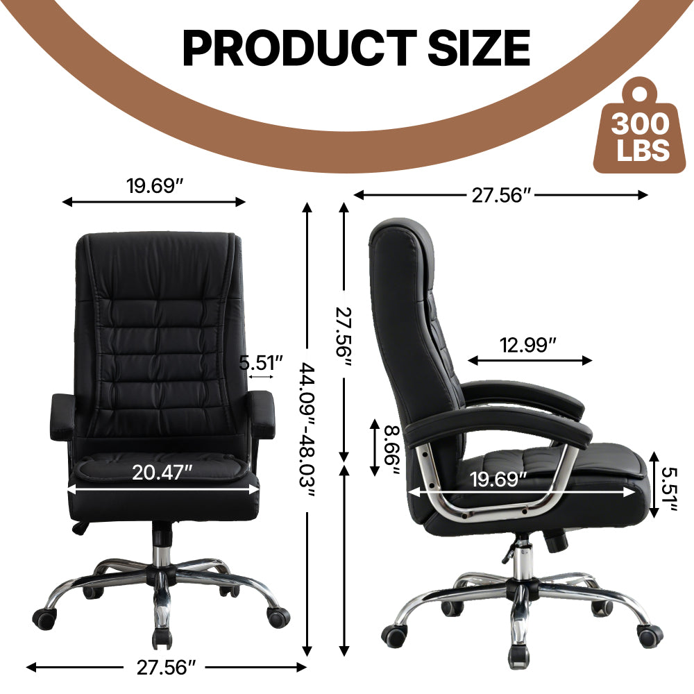Executive High-Back PU Leather Office Chair | Spring Seat Cushion | Ergonomic Height Adjustment | Chrome Armrests | Reinforced Metal Frame | 360° Swivel | Floor-Friendly Casters | 350 lbs Capacity | Home Office | Black/Camel