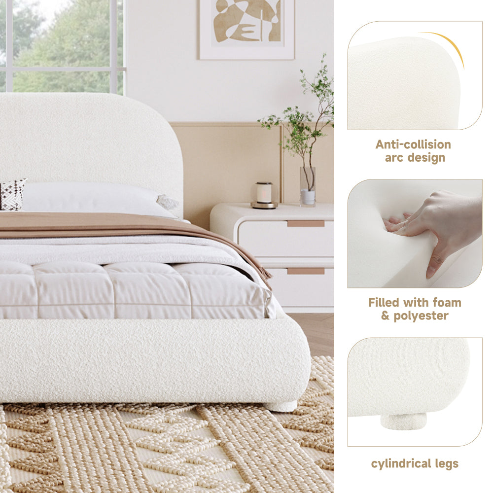 Queen/King Size Boucle Upholstered Platform Bed | Curved Ergonomic Headboard | Granular Fabric Texture | 800 lbs Heavy Duty | No Box Spring Needed | 40-Min Assembly | Cream / Green