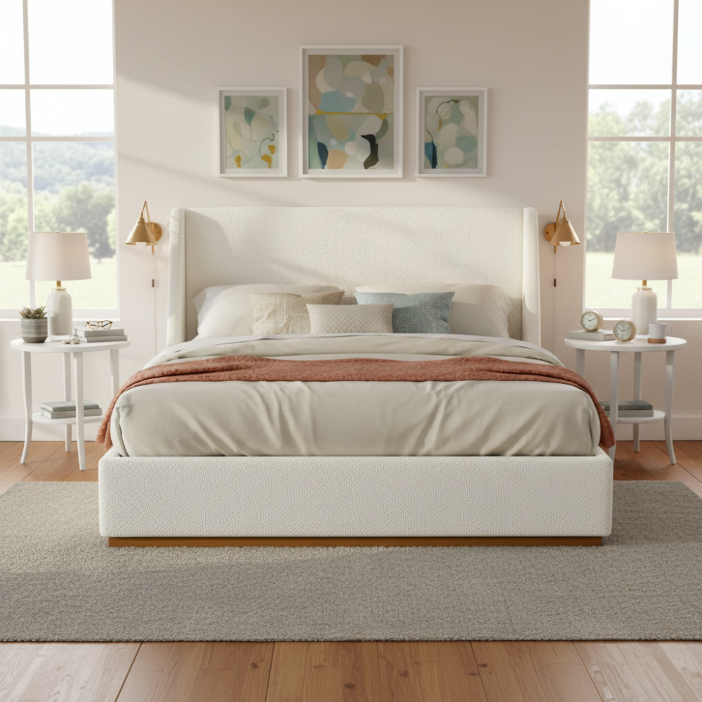 Queen/King Size Luxury Wingback Platform Bed | Splash-Resistant Boucle Fabric | High-Elasticity Foam Padding | Solid Rubberwood Frame | 800 lbs | No Box Spring Needed | White