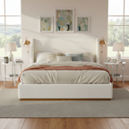 Queen/King Size Luxury Wingback Platform Bed | Splash-Resistant Boucle Fabric | High-Elasticity Foam Padding | Solid Rubberwood Frame | 800 lbs | No Box Spring Needed | White