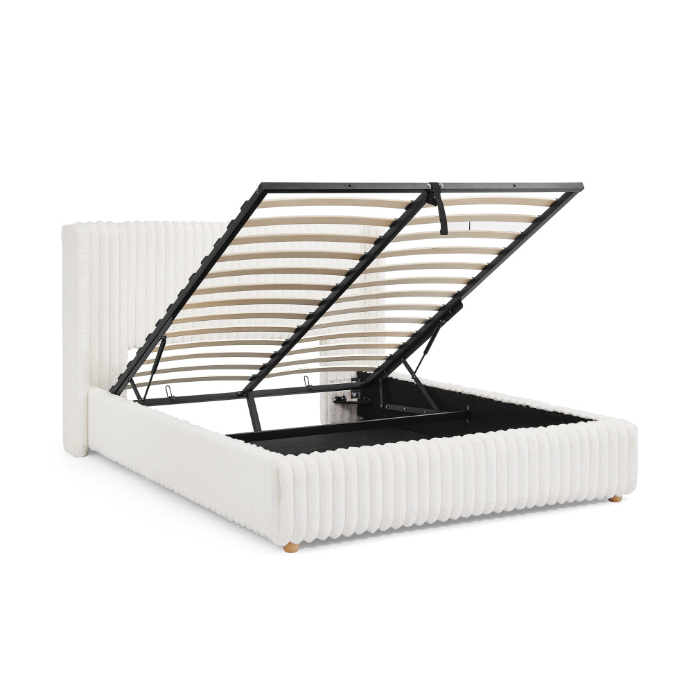 Queen/King Size Gas Lift Storage Bed | Vertical Striped Rabbit Fur Upholstered | Hydraulic Under-Bed Storage | 500 lbs | Eucalyptus Wood Frame | Silent Mechanism | Easy Assembly | Beige