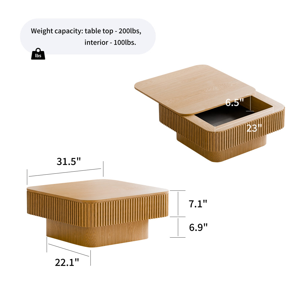 31.5" Square Coffee Table with Hidden Storage | Solid Wood Veneer + MDF | Lacquered Surface | Sleek Modern Silhouette | Easy Assembly | 200 lbs Top Capacity | Living Room, Bedroom, Office | Natural Wood/Walnut/Black