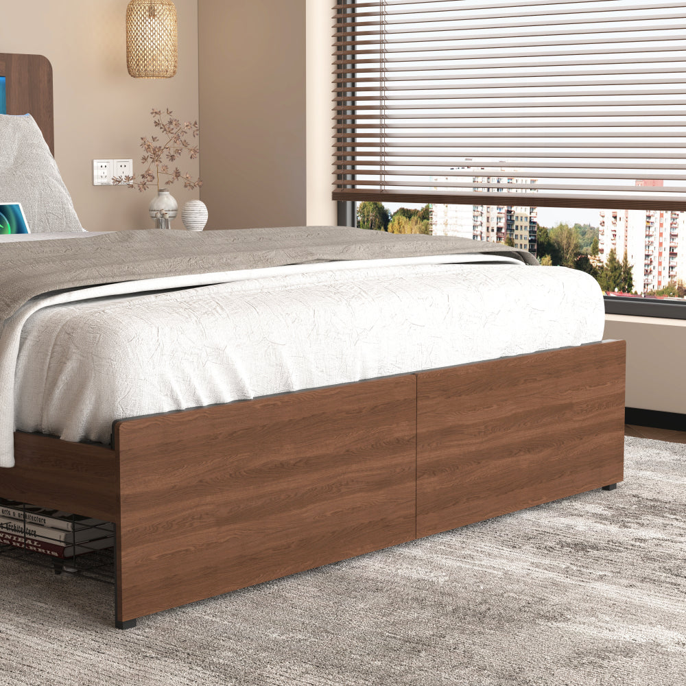 Full/Queen Size Wood Platform Bed with Bookshelf Storage Headboard | 2 Drawers | 2 AC Outlets 1 USB 1 Type-C Charging Station | 60,001 Color LED Lights APP Control | No Box Spring | Brown/Black/Walnut