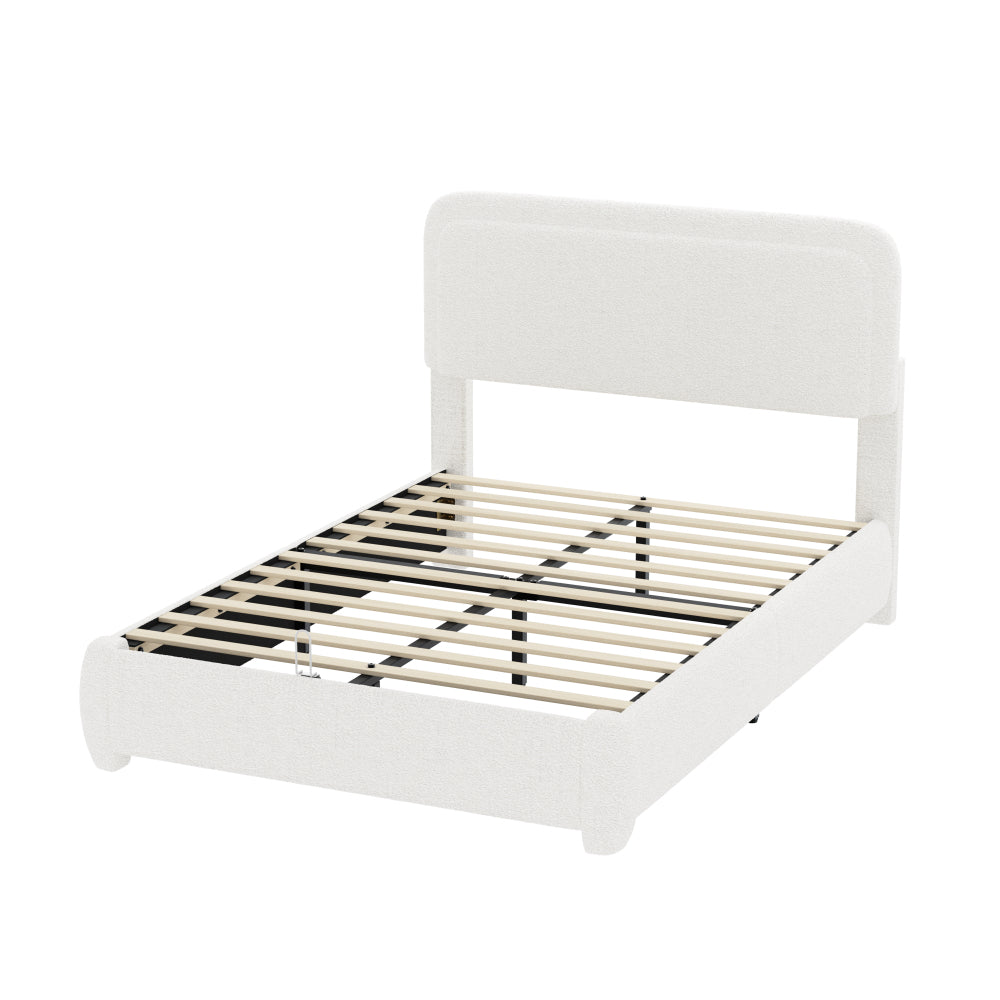Full/Queen Size Boucle Platform Bed | Adjustable Curved Cloud Headboard 41"-43" | Foam Filled | Rounded Corner Protection | Low Profile | No Box Spring Needed | White