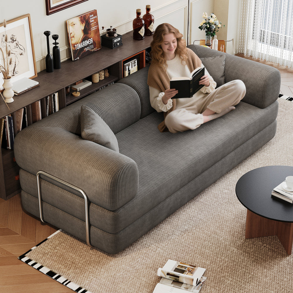 78.8" Convertible Floor Sofa Bed | Boneless Modular Sectional Couch | Pillow Back Support Armrests | Corduroy Fabric + Foam Fill | Hardware-Secured Backrest | No Assembly Required | Living Room, Bedroom, Apartment | Gray/Black/Camel/Green/Brown/Blue
