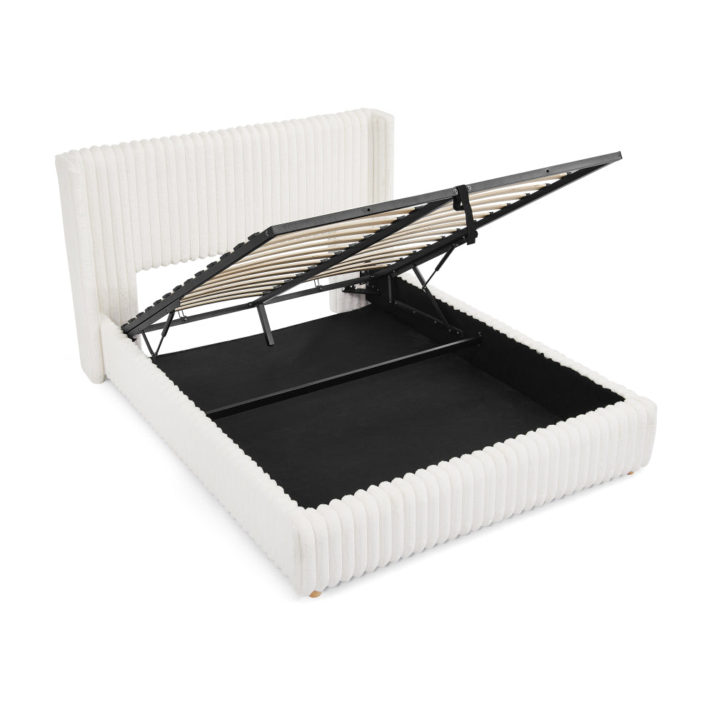 Queen/King Size Gas Lift Storage Bed | Vertical Striped Rabbit Fur Upholstered | Hydraulic Under-Bed Storage | 500 lbs | Eucalyptus Wood Frame | Silent Mechanism | Easy Assembly | Beige
