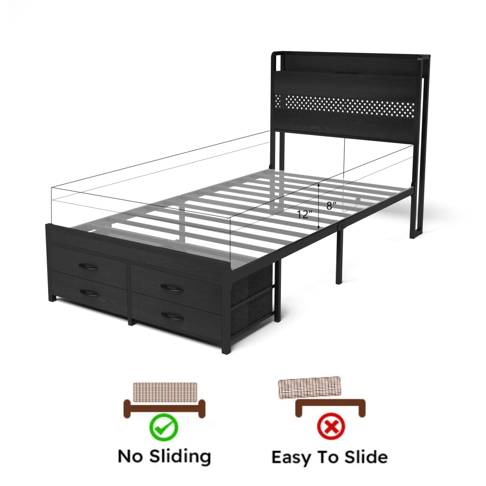 Twin/Full/Queen Size Metal Platform Bed with 4 Storage Drawers | Headboard Charging Station 2 Outlets & 2 USB | 16 RGB LED Lights 60000+ Colors | Heavy Duty Steel Slats | No Box Spring Needed | Black