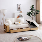 3-Seat Convertible Sleeper Sofa Couch | Double Folding Sofa Bed | Storage Ottoman + 2 Drawers | Drop-Down Coffee Table + 2 Cup Holders | Reversible Armrest | Cotton Linen + High-Density Foam | Living Room, Apartment, Office | Beige