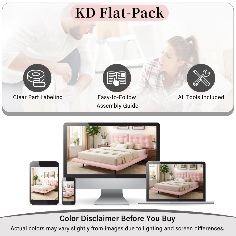 Queen Size PU Leather Floating Platform Bed | Button Tufted Segmented Headboard | Remote-Controlled LED Light Strip 6 Colors | 800 lbs | Hidden Leg Design | No Box Spring Needed | Pink / White / Khaki