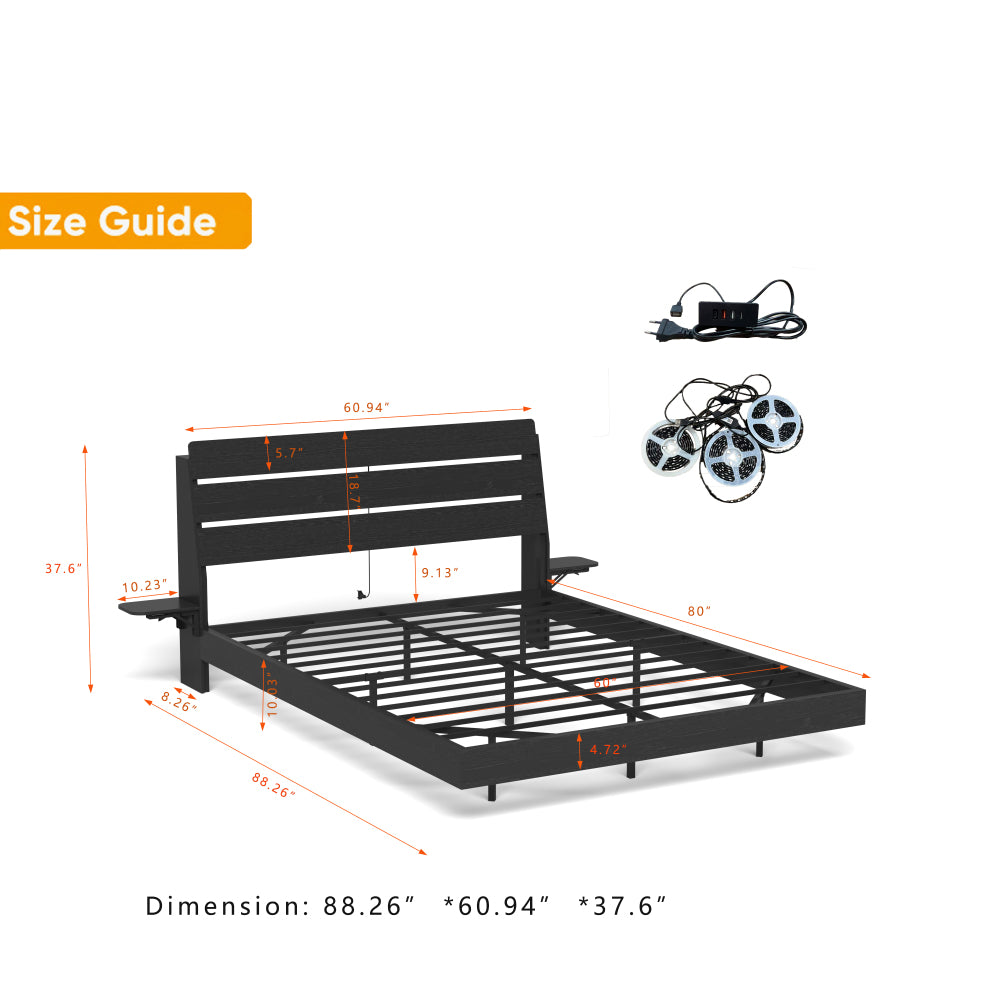 Full/Queen Size Wood Platform Bed with Bookshelf Storage Headboard | 2 Drawers | 2 AC Outlets 1 USB 1 Type-C Charging Station | 60,001 Color LED Lights APP Control | No Box Spring | Brown/Black/Walnut