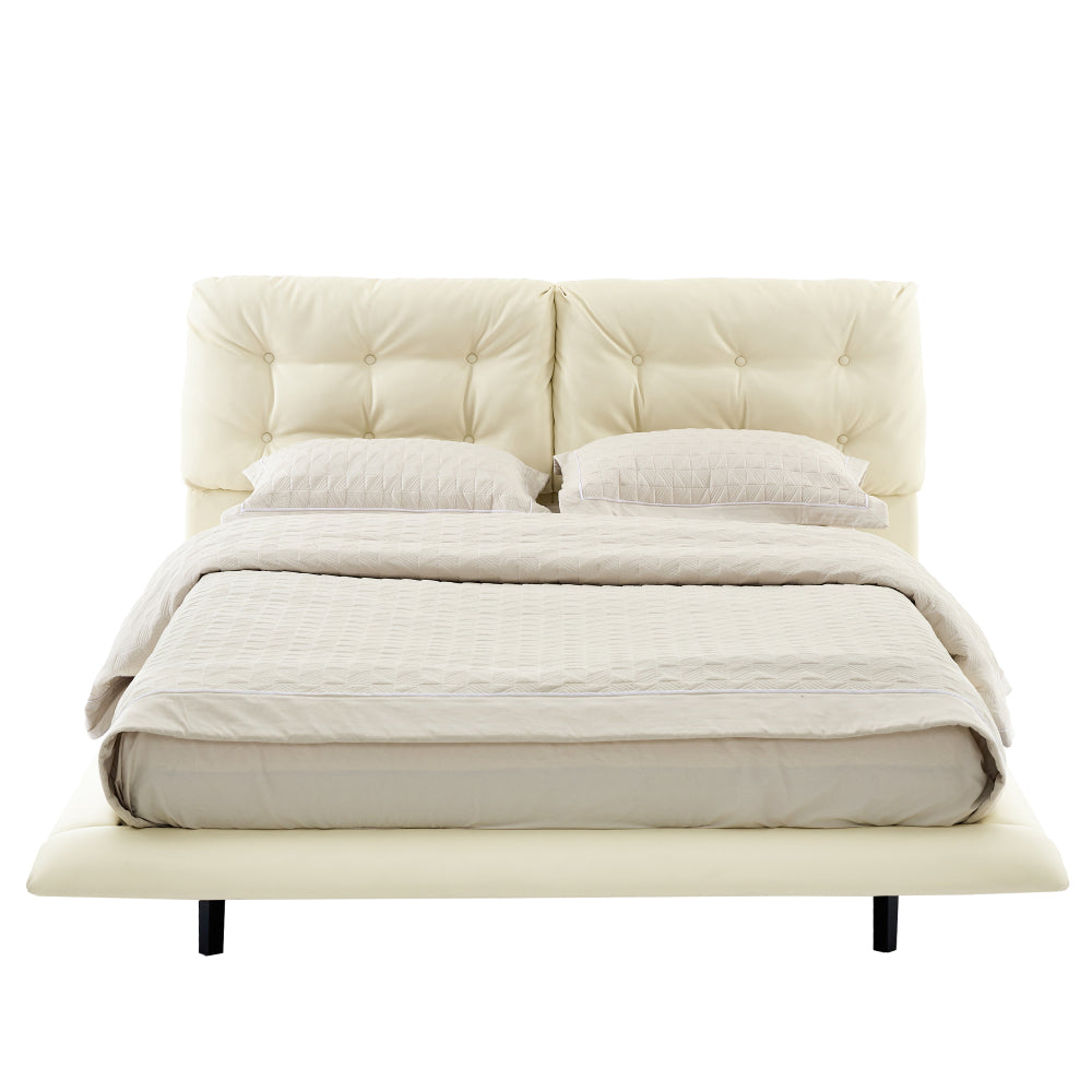 Queen Size PU Leather Floating Platform Bed | Button Tufted Segmented Headboard | Remote-Controlled LED Light Strip 6 Colors | 800 lbs | Hidden Leg Design | No Box Spring Needed | Pink / White / Khaki
